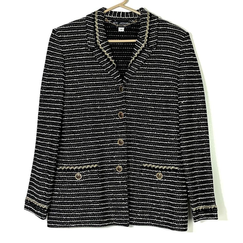 ST. JOHN Couture Black Gold Cream Jacket Blazer Buttons Shimmer Size 12 EUC